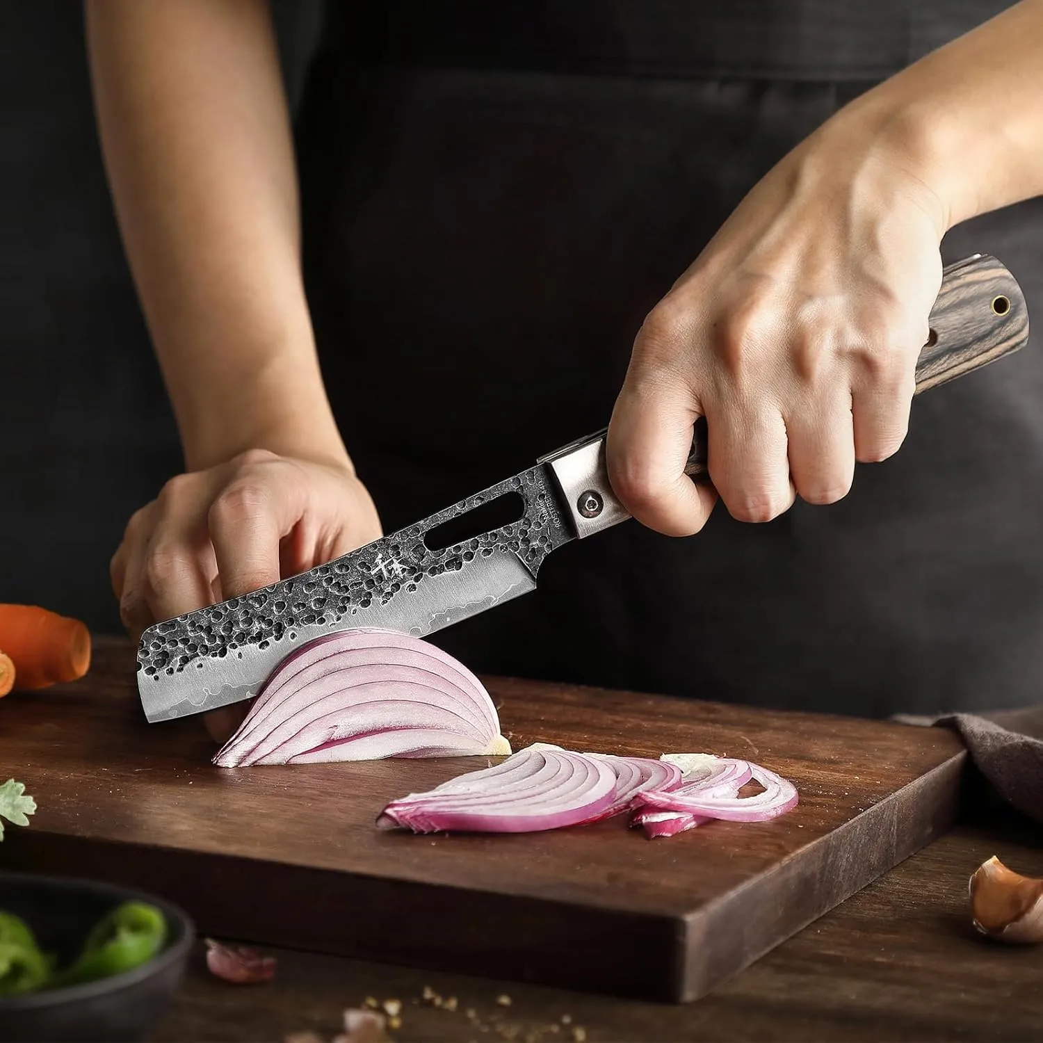SENBON 440 Forged Stainless Steel Sharp Folding Chef Knife - Colorful Wood Handle - Camping, Barbecue, Outdoor, Portable Kitchen Knife