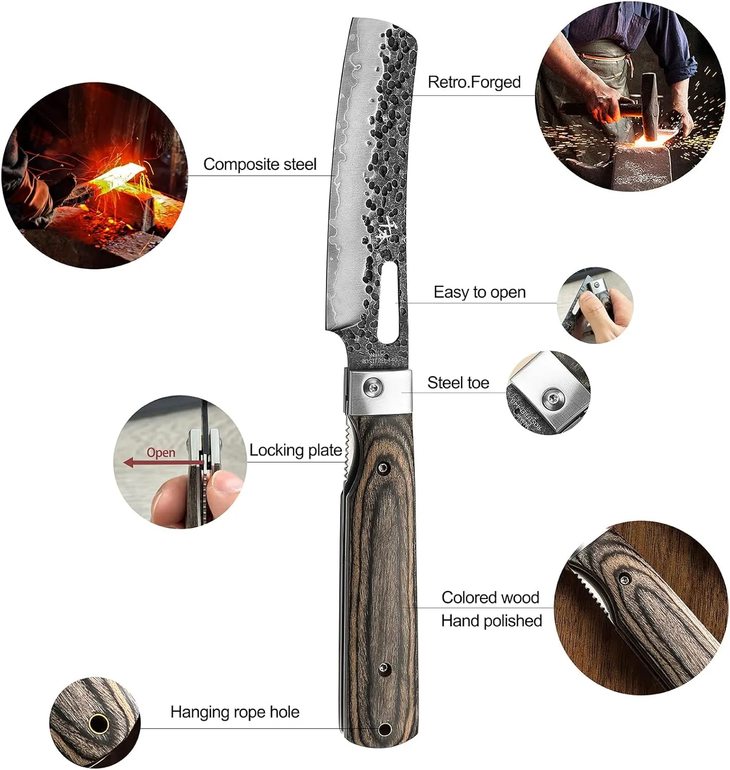 SENBON 440 Forged Stainless Steel Sharp Folding Chef Knife - Colorful Wood Handle - Camping, Barbecue, Outdoor, Portable Kitchen Knife