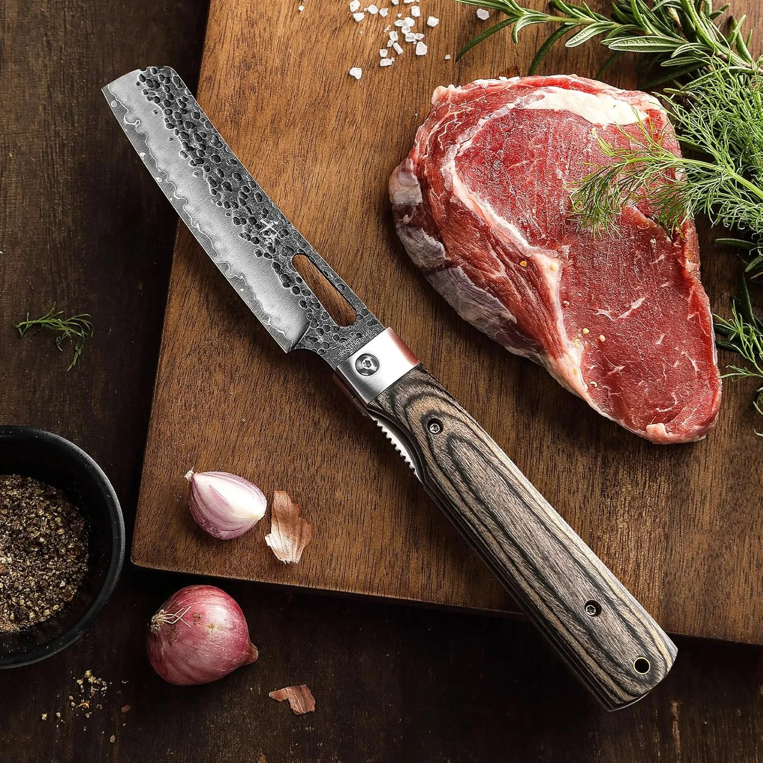 SENBON 440 Forged Stainless Steel Sharp Folding Chef Knife - Colorful Wood Handle - Camping, Barbecue, Outdoor, Portable Kitchen Knife