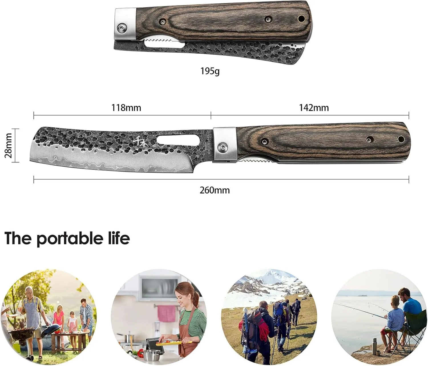 SENBON 440 Forged Stainless Steel Sharp Folding Chef Knife - Colorful Wood Handle - Camping, Barbecue, Outdoor, Portable Kitchen Knife