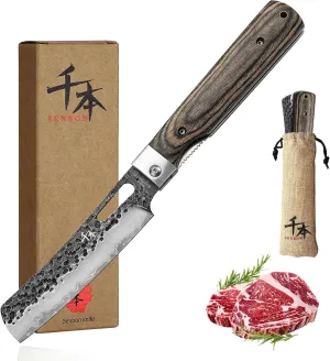 SENBON 440 Forged Stainless Steel Sharp Folding Chef Knife - Colorful Wood Handle - Camping, Barbecue, Outdoor, Portable Kitchen Knife