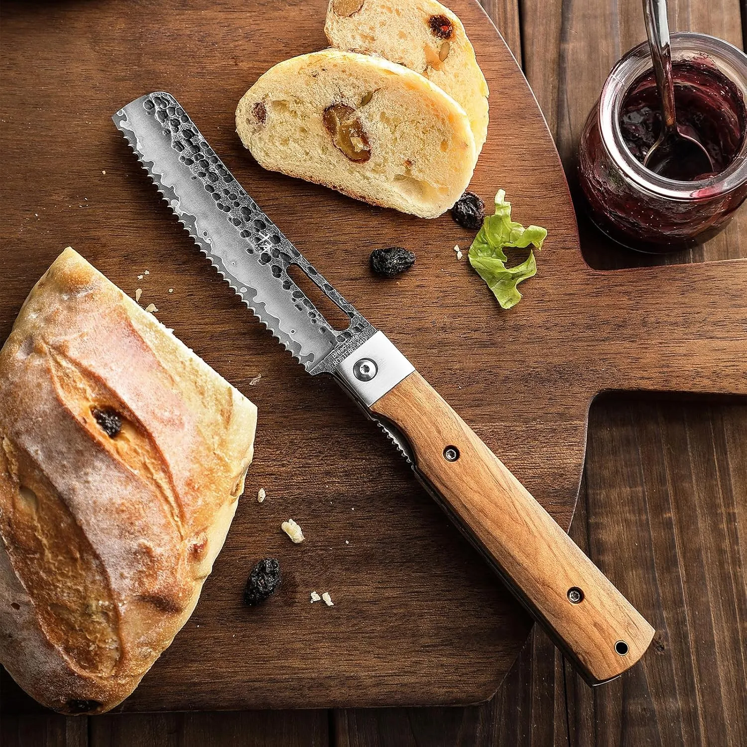 SENBON Forged 440 Stainless Steel pocket folding Japanese Bread knife Natural Olive Handle Camping trip Outdoor Portable Serrated knife