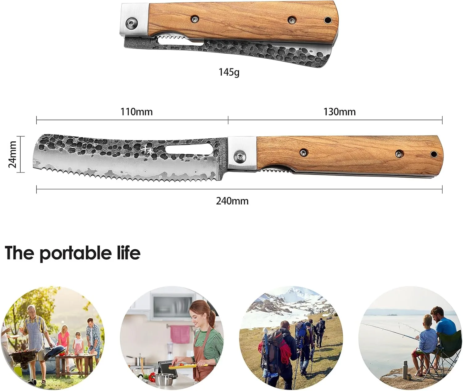 SENBON Forged 440 Stainless Steel pocket folding Japanese Bread knife Natural Olive Handle Camping trip Outdoor Portable Serrated knife