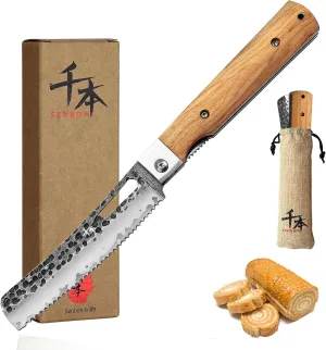 SENBON Forged 440 Stainless Steel pocket folding Japanese Bread knife Natural Olive Handle Camping trip Outdoor Portable Serrated knife