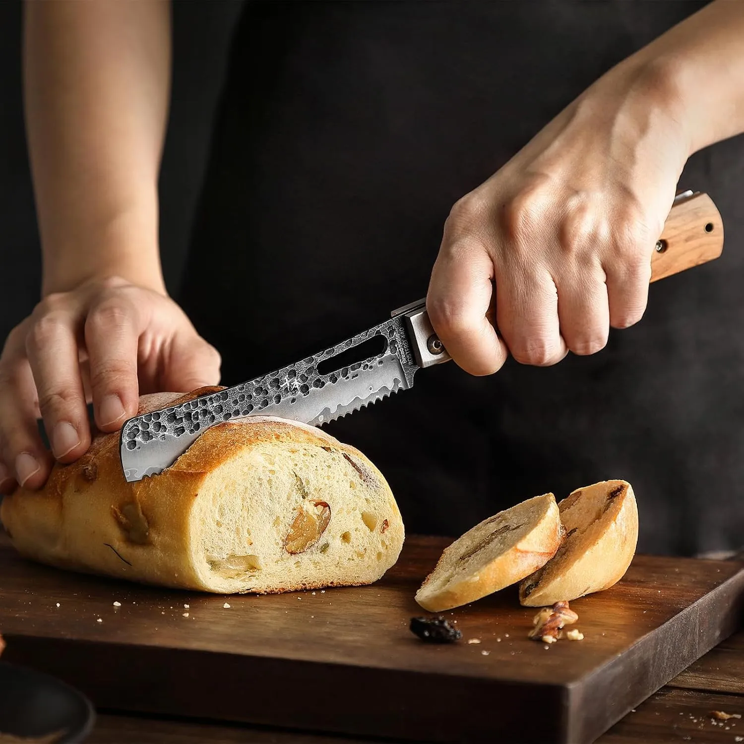 SENBON Forged 440 Stainless Steel pocket folding Japanese Bread knife Natural Olive Handle Camping trip Outdoor Portable Serrated knife