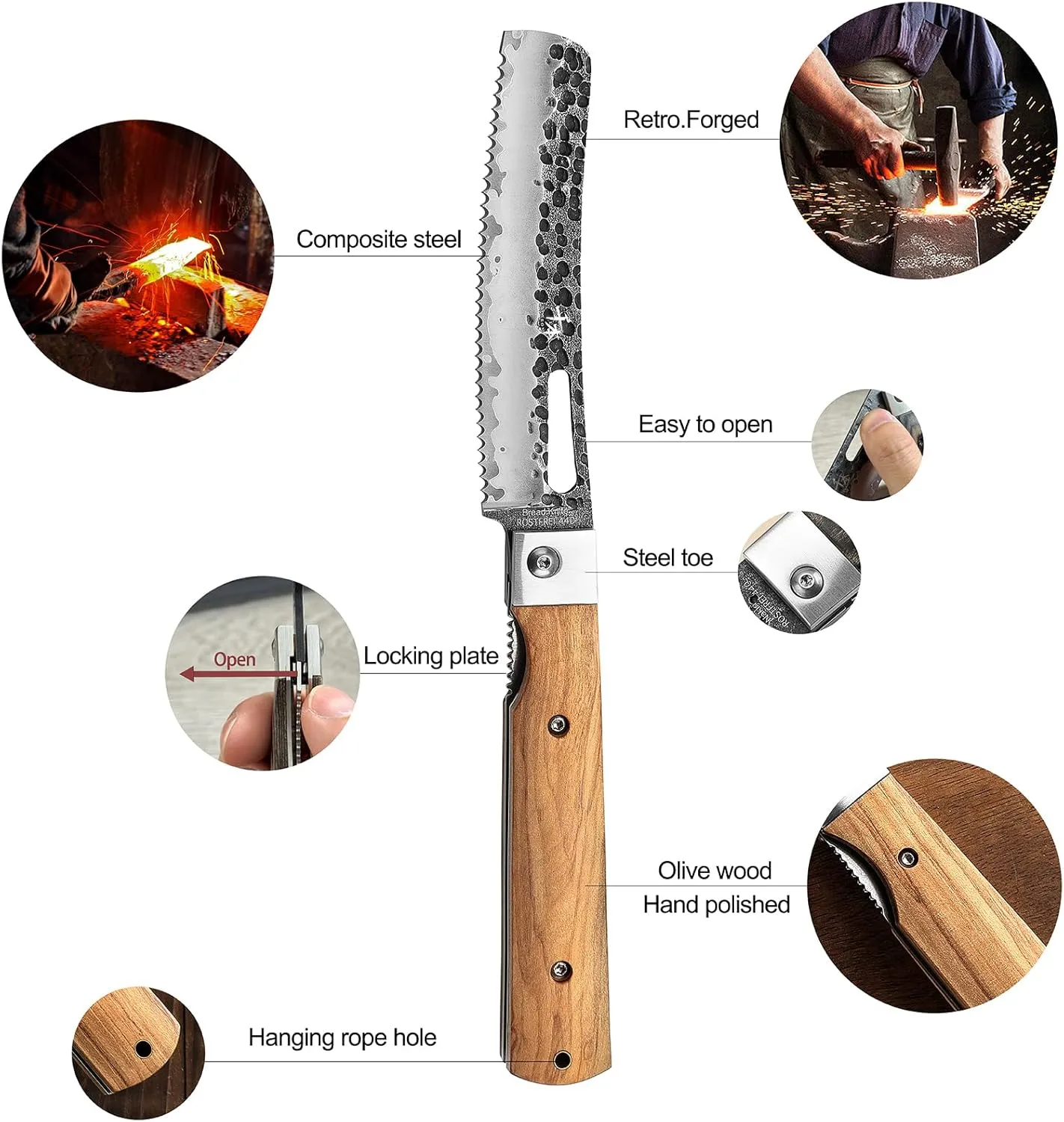 SENBON Forged 440 Stainless Steel pocket folding Japanese Bread knife Natural Olive Handle Camping trip Outdoor Portable Serrated knife