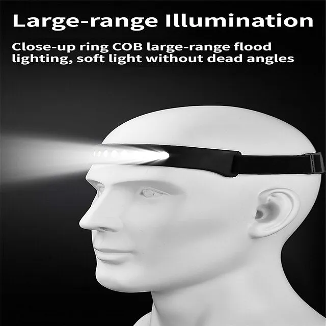 Sensor Headlamp COB LED Head Lamp Flashlight USB Rechargeable Head Torch 5 Lighting Modes Head Light with Built-in Battery  Fishing Camping  Outdoor  Night Running Lights  Silicone Lights