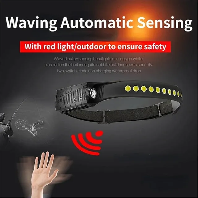 Sensor Headlamp COB LED Head Lamp Flashlight USB Rechargeable Head Torch 5 Lighting Modes Head Light with Built-in Battery  Fishing Camping  Outdoor  Night Running Lights  Silicone Lights