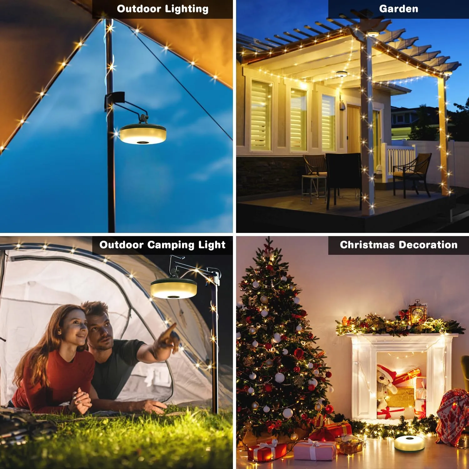 Siloon Camping String Lights, 2 in 1 Outdoor String Lights with 8 Lighting Modes(32.8Ft), Quick 30s Recovery, Durable and Waterproof, USB Charging, Rechargeable String Lights for Camping Yard Hiking
