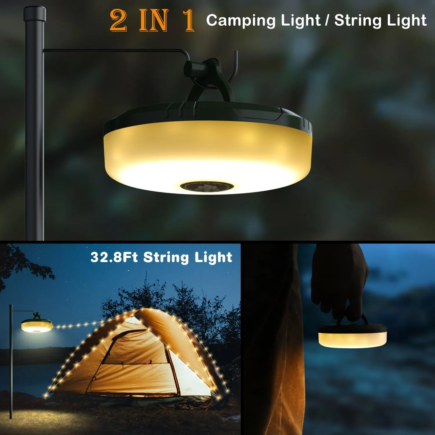 Siloon Camping String Lights, 2 in 1 Outdoor String Lights with 8 Lighting Modes(32.8Ft), Quick 30s Recovery, Durable and Waterproof, USB Charging, Rechargeable String Lights for Camping Yard Hiking