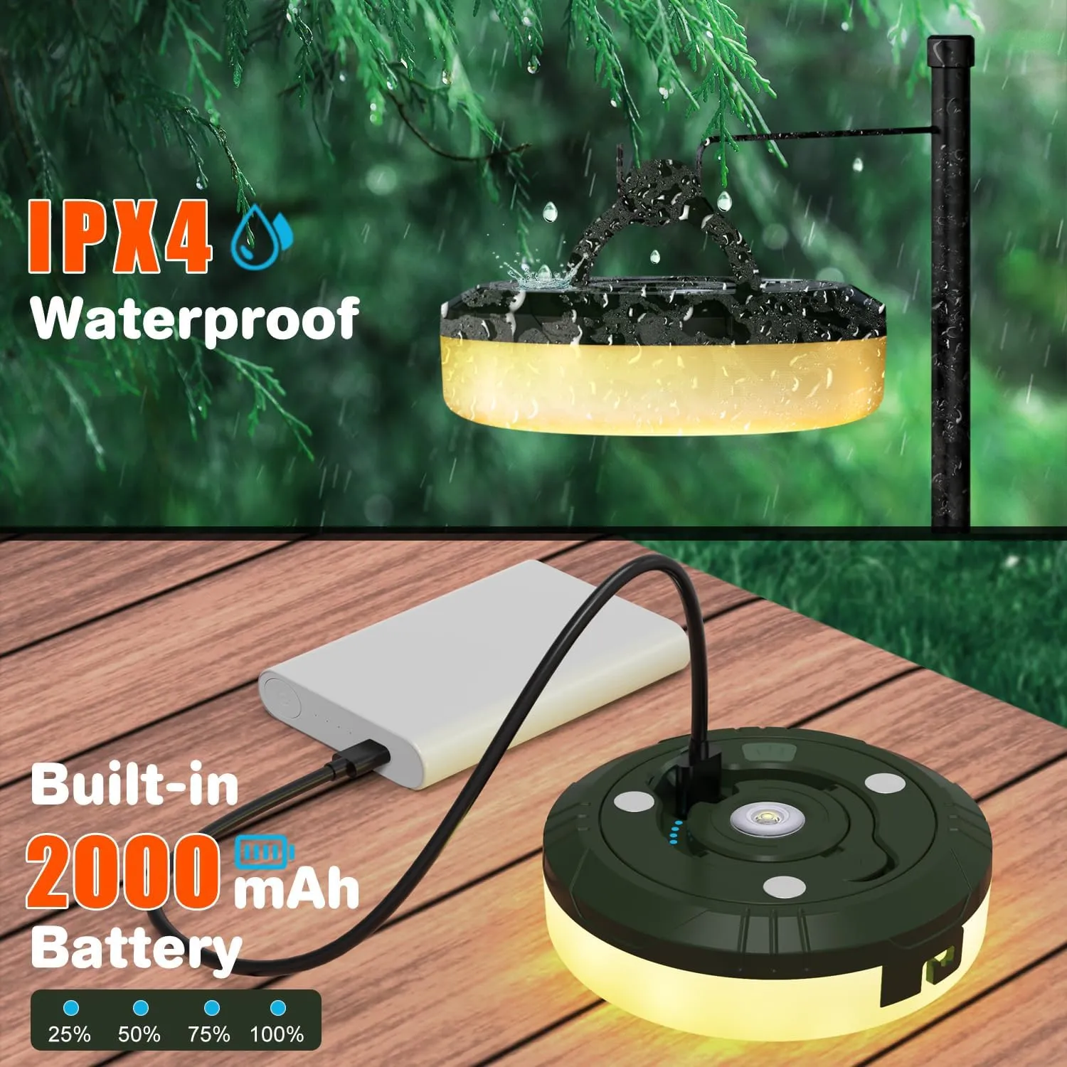 Siloon Camping String Lights, 2 in 1 Outdoor String Lights with 8 Lighting Modes(32.8Ft), Quick 30s Recovery, Durable and Waterproof, USB Charging, Rechargeable String Lights for Camping Yard Hiking