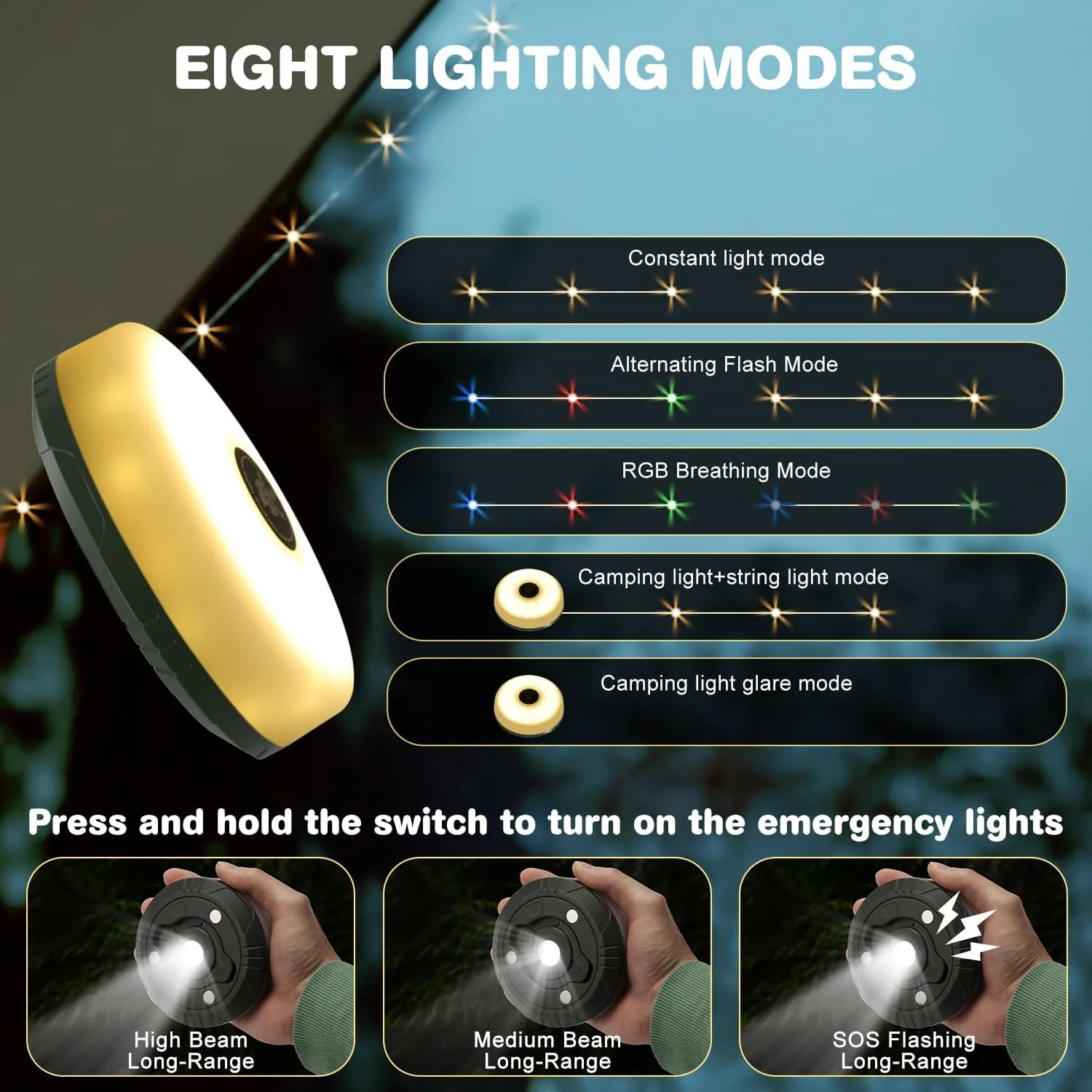 Siloon Camping String Lights, 2 in 1 Outdoor String Lights with 8 Lighting Modes(32.8Ft), Quick 30s Recovery, Durable and Waterproof, USB Charging, Rechargeable String Lights for Camping Yard Hiking