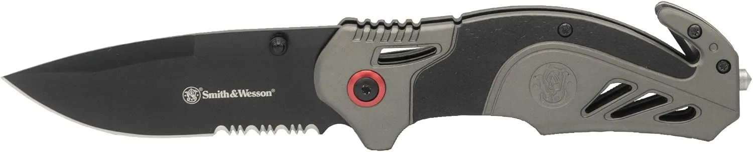 Smith & Wesson 8in High Carbon S.S. Spring Assisted Folding Knife with 3.25in Serrated Drop Point Blade and Rubberized Aluminum Handle for Outdoor Survival and EDC