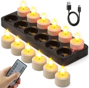 SoulBay Flameless Candles with Remote Control Timer & Charging Base, 12pcs USB Rechargeable Battery LED Tea Lights Candles Small Votive for Lantern Pool Mantle Weddings Emergency Christmas Decorative