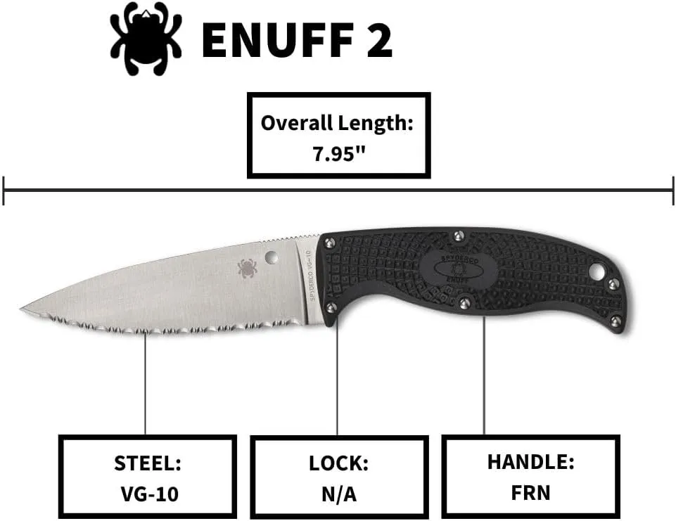 Spyderco Enuff 2 Fixed Blade Knife with VG-10 Leaf Shape Blade and Black FRN Handle - Includes Polymer Sheath