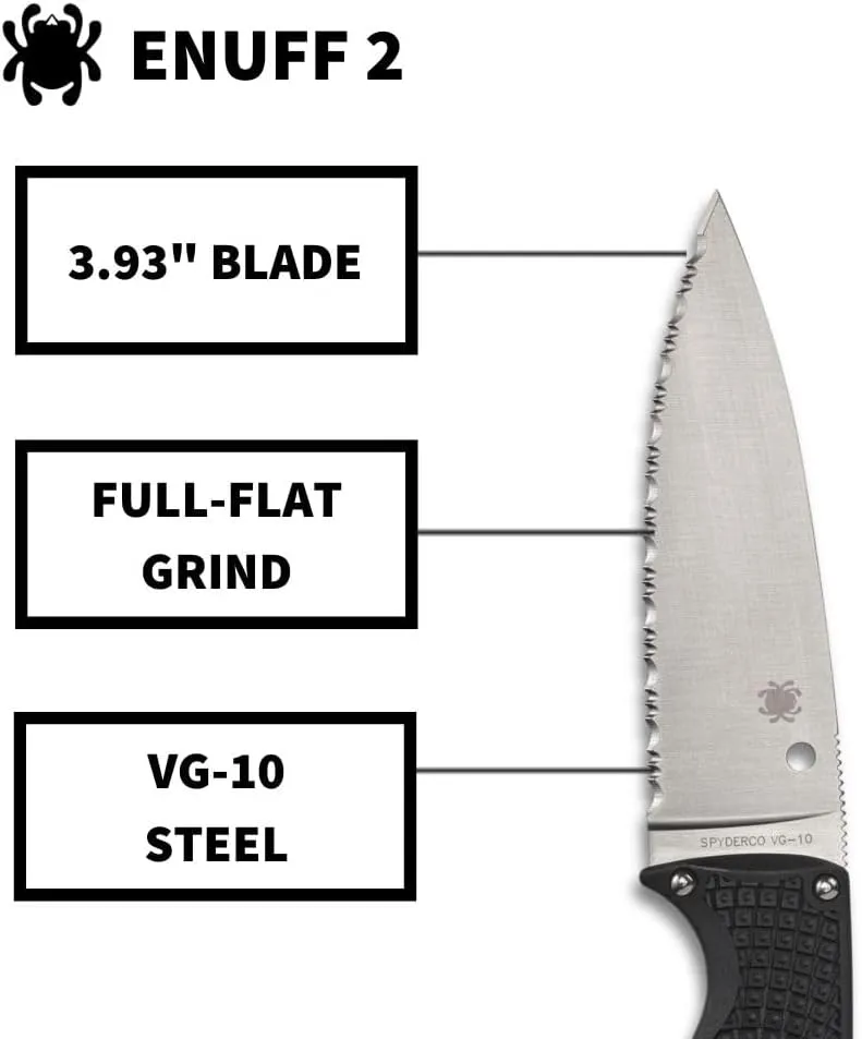 Spyderco Enuff 2 Fixed Blade Knife with VG-10 Leaf Shape Blade and Black FRN Handle - Includes Polymer Sheath