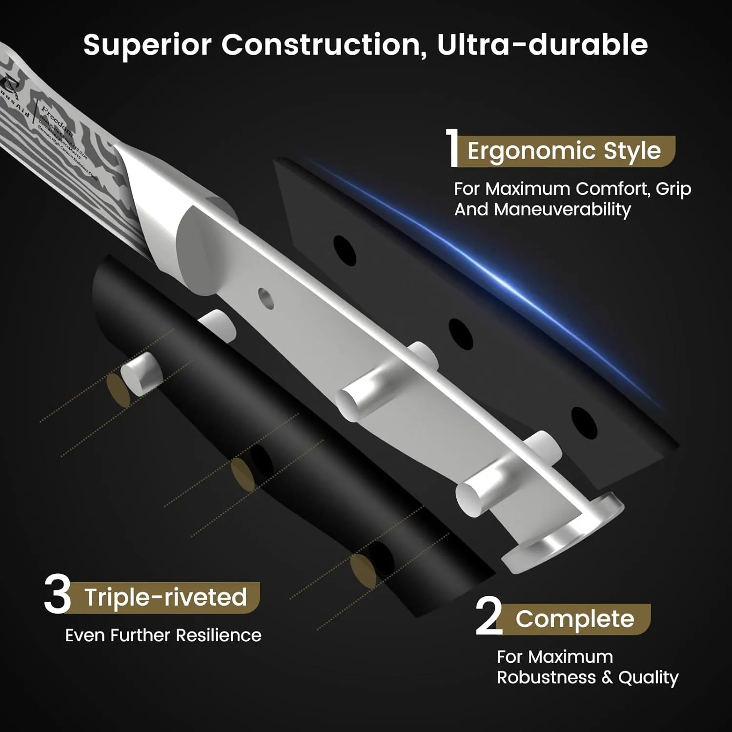 Steak Knives Set of 6, 4.8 Inch Non Serrated Razor-Sharp Durable Dinner knives with Rest, German Stainless Steel Damascus Pattern Full Tang Forged, Rust Resistant & Easy to Maintain
