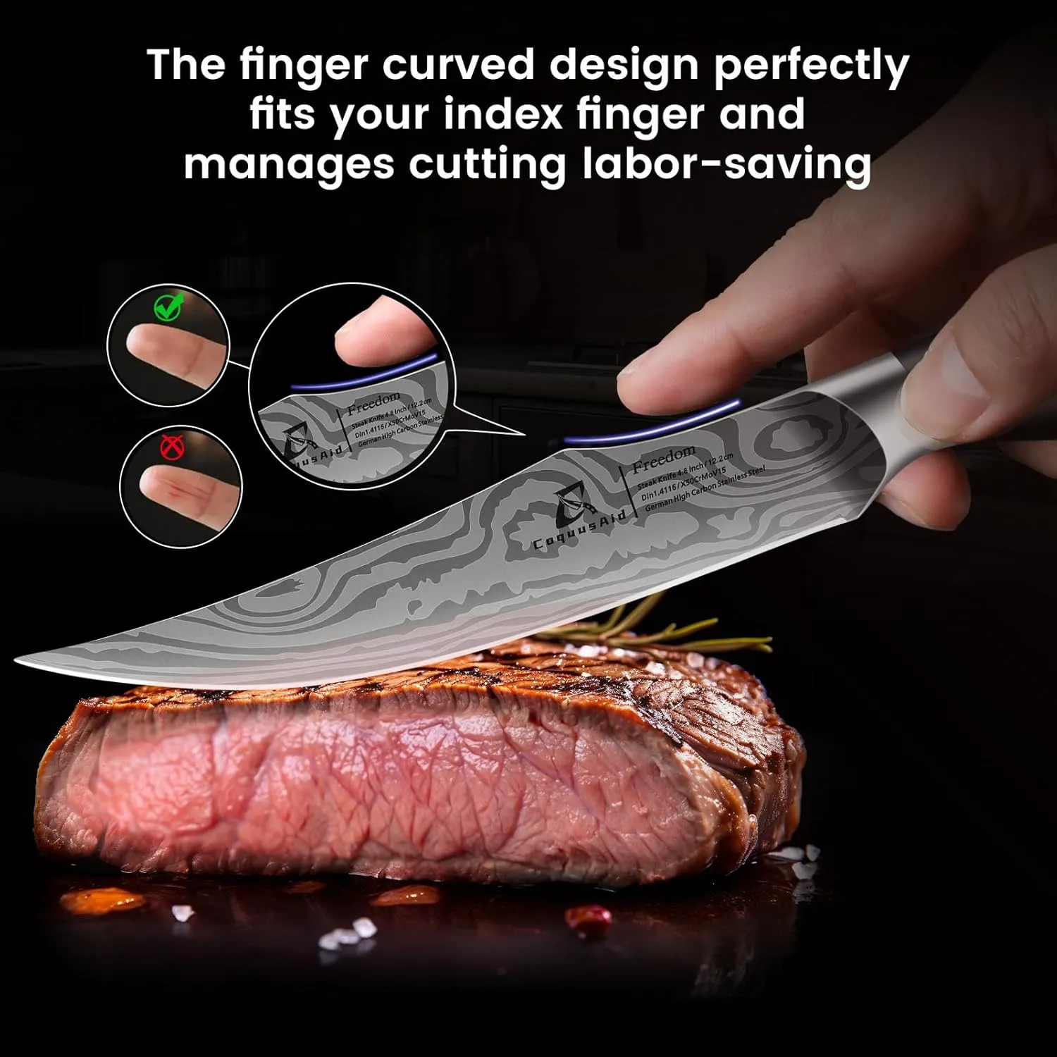 Steak Knives Set of 6, 4.8 Inch Non Serrated Razor-Sharp Durable Dinner knives with Rest, German Stainless Steel Damascus Pattern Full Tang Forged, Rust Resistant & Easy to Maintain