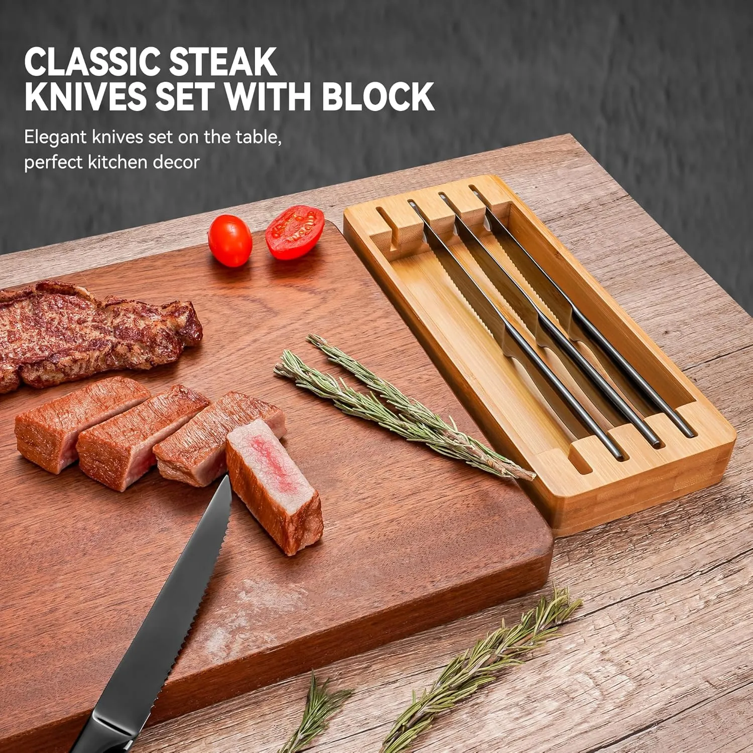 SuperCook Black Steak Knife Set of 12 with Block, Stainless Steel Serrated Steak Knives with Drawer Organizer, Dishwasher Safe