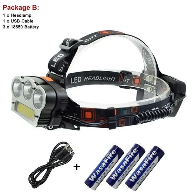 T6   COB Led Headlamp White Red Light 7 Modes Head Lamp   USB Charging Cable   18650 battery   Wall Charger For Camping Cycling