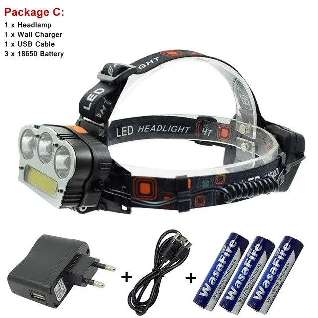 T6   COB Led Headlamp White Red Light 7 Modes Head Lamp   USB Charging Cable   18650 battery   Wall Charger For Camping Cycling
