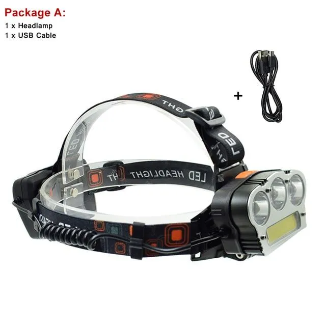 T6   COB Led Headlamp White Red Light 7 Modes Head Lamp   USB Charging Cable   18650 battery   Wall Charger For Camping Cycling