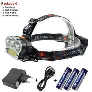 T6   COB Led Headlamp White Red Light 7 Modes Head Lamp   USB Charging Cable   18650 battery   Wall Charger For Camping Cycling