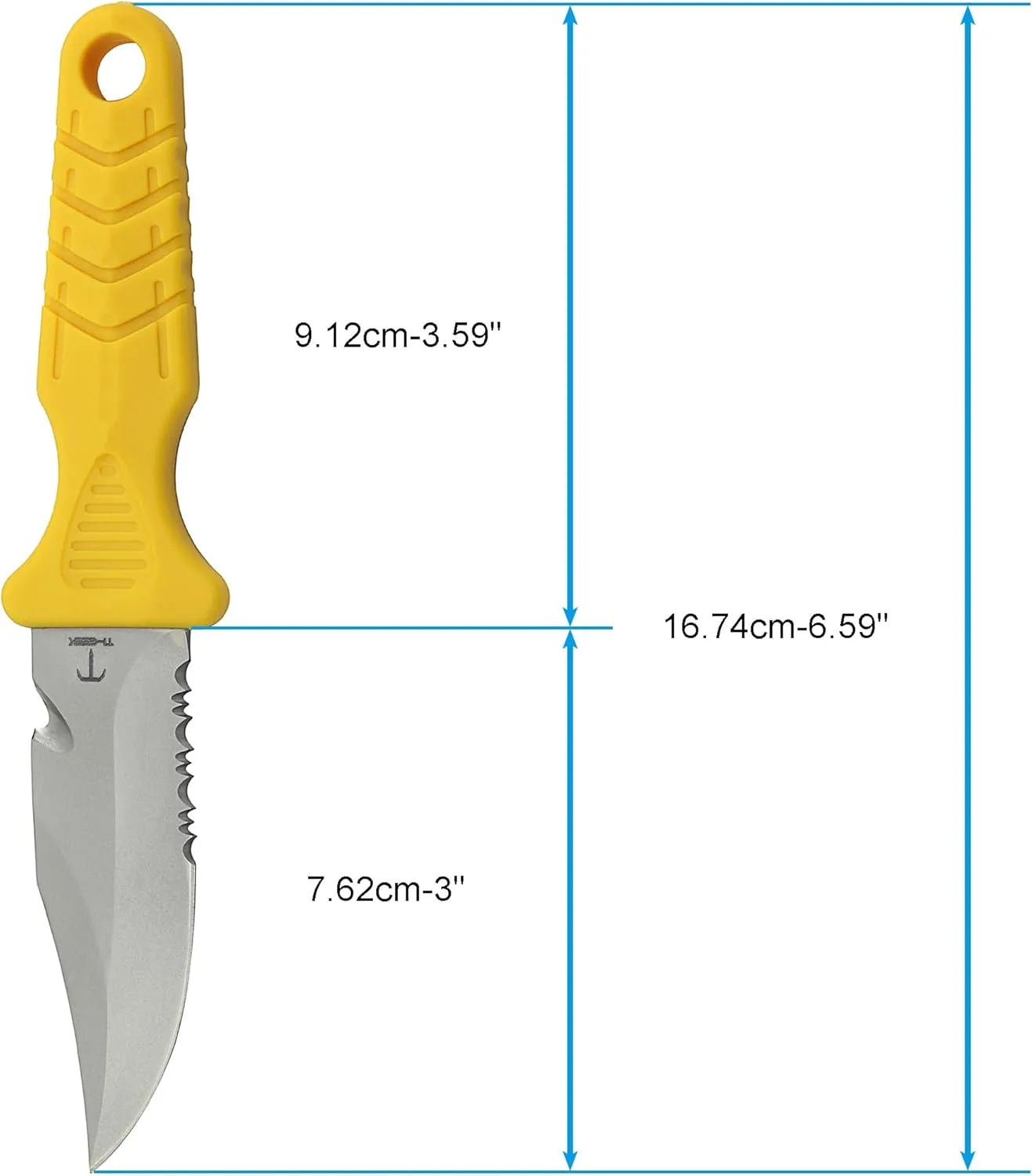 Titanium Survival Scuba Diving Fixed Blade Knife with Sheath & Straps - Holster on Divers BCD, Thigh/Leg, GC Belt Buckle or Wrist, Cutting, Serrated Edge & Line Cutter - Yellow Drop Point