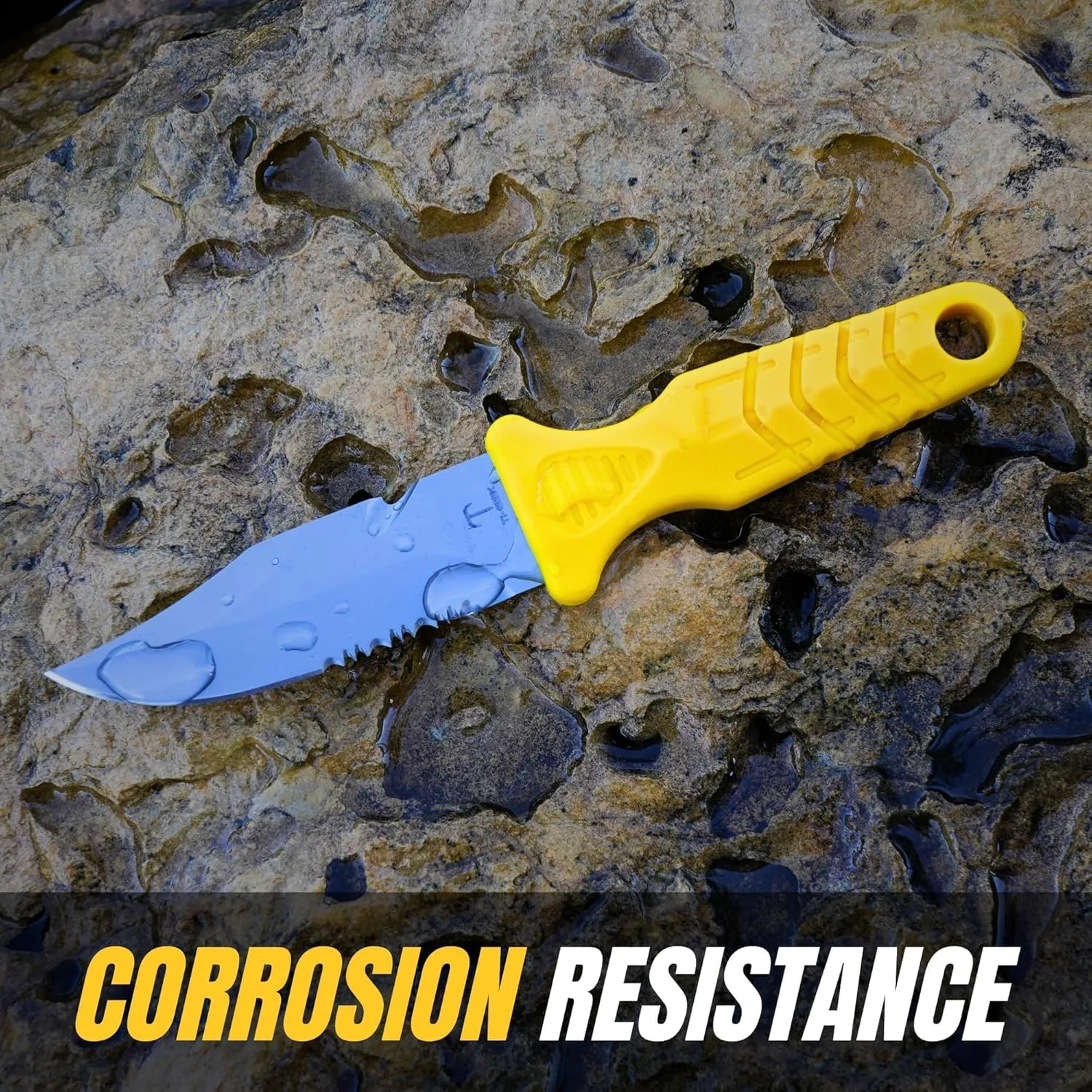 Titanium Survival Scuba Diving Fixed Blade Knife with Sheath & Straps - Holster on Divers BCD, Thigh/Leg, GC Belt Buckle or Wrist, Cutting, Serrated Edge & Line Cutter - Yellow Drop Point