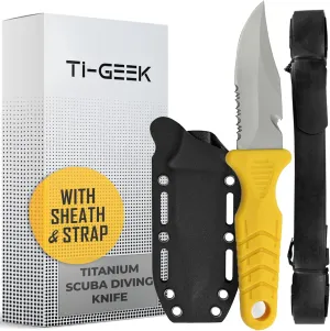 Titanium Survival Scuba Diving Fixed Blade Knife with Sheath & Straps - Holster on Divers BCD, Thigh/Leg, GC Belt Buckle or Wrist, Cutting, Serrated Edge & Line Cutter - Yellow Drop Point