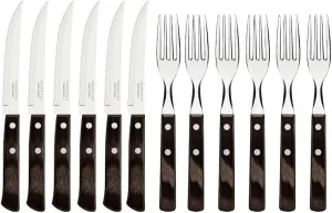 Tramontina Cutlery Set with Steak Knives, 12 Piece Sharp Knife and Fork Set with Wooden Handles, ‎Camping, Kitchen, Rustic, Dishwasher Safe, 29899199