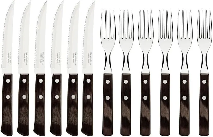 Tramontina Cutlery Set with Steak Knives, 12 Piece Sharp Knife and Fork Set with Wooden Handles, ‎Camping, Kitchen, Rustic, Dishwasher Safe, 29899199