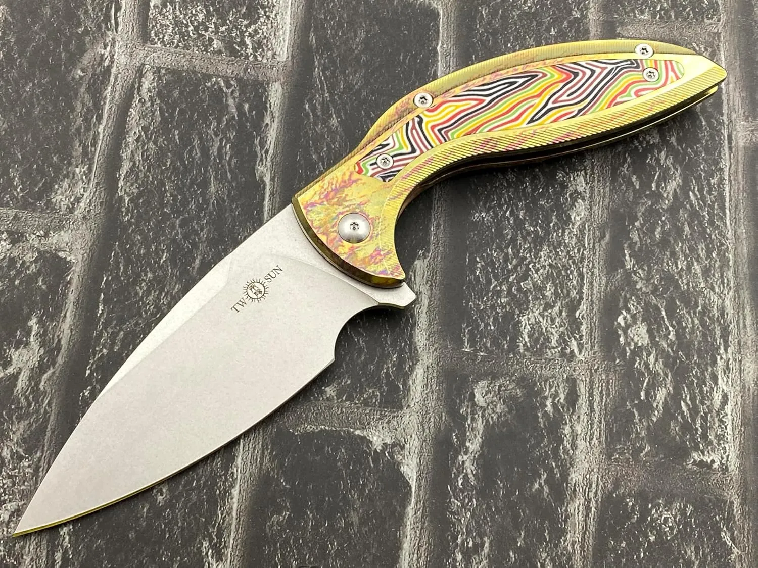 TWO SUN TwoSun Folding Knife 14C28N Blade Tc4 Titanium/G10 Handle Camping Pocket Knife TS465-Color-StoneWash, Yellow