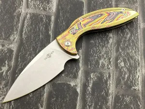 TWO SUN TwoSun Folding Knife 14C28N Blade Tc4 Titanium/G10 Handle Camping Pocket Knife TS465-Color-StoneWash, Yellow
