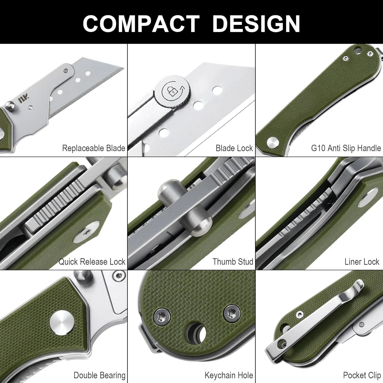 U23 Kumpanter Folding Utility Knife - Versatile EDC Knife with Quick-Release Blade, Compact Foldable Pocket Utility Knives - G10 OD Green