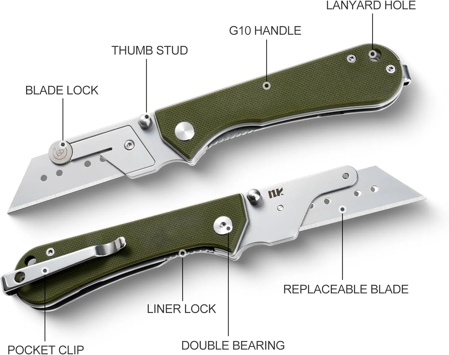 U23 Kumpanter Folding Utility Knife - Versatile EDC Knife with Quick-Release Blade, Compact Foldable Pocket Utility Knives - G10 OD Green