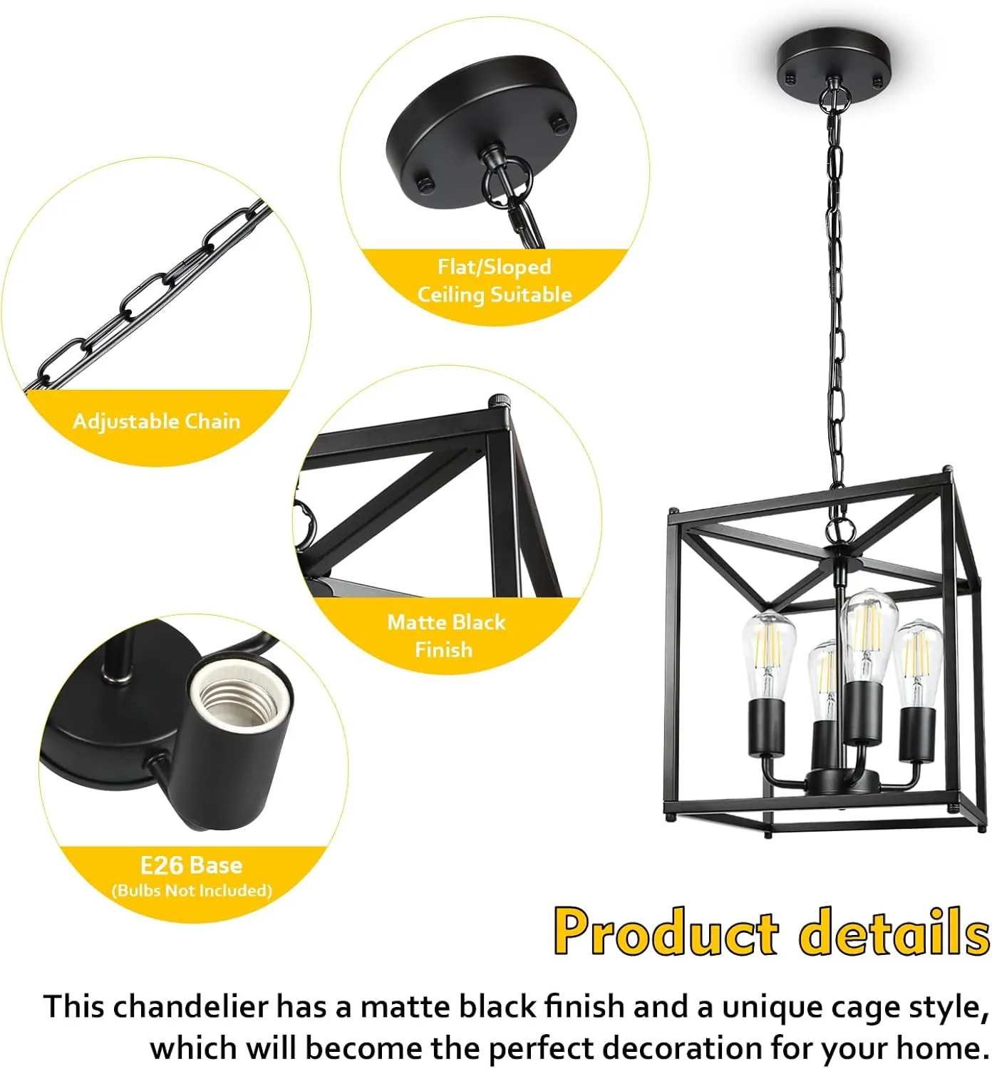 Unicozin 4-Light Black Farmhouse Chandelier, Iron Lantern Pendant Light Rustic Cage Adjustable Height, E26 Base Industrial Hanging Lights for Kitchen Island Dining Room Hallway Foyer Entryway