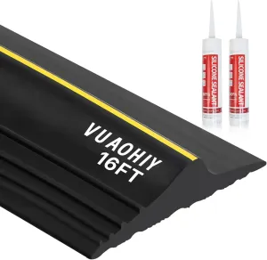 Universal Garage Door Bottom Threshold Seal Rubber Strip with Adhesives, DIY Weatherproof Weather Stripping Replacement (16FT, Black)