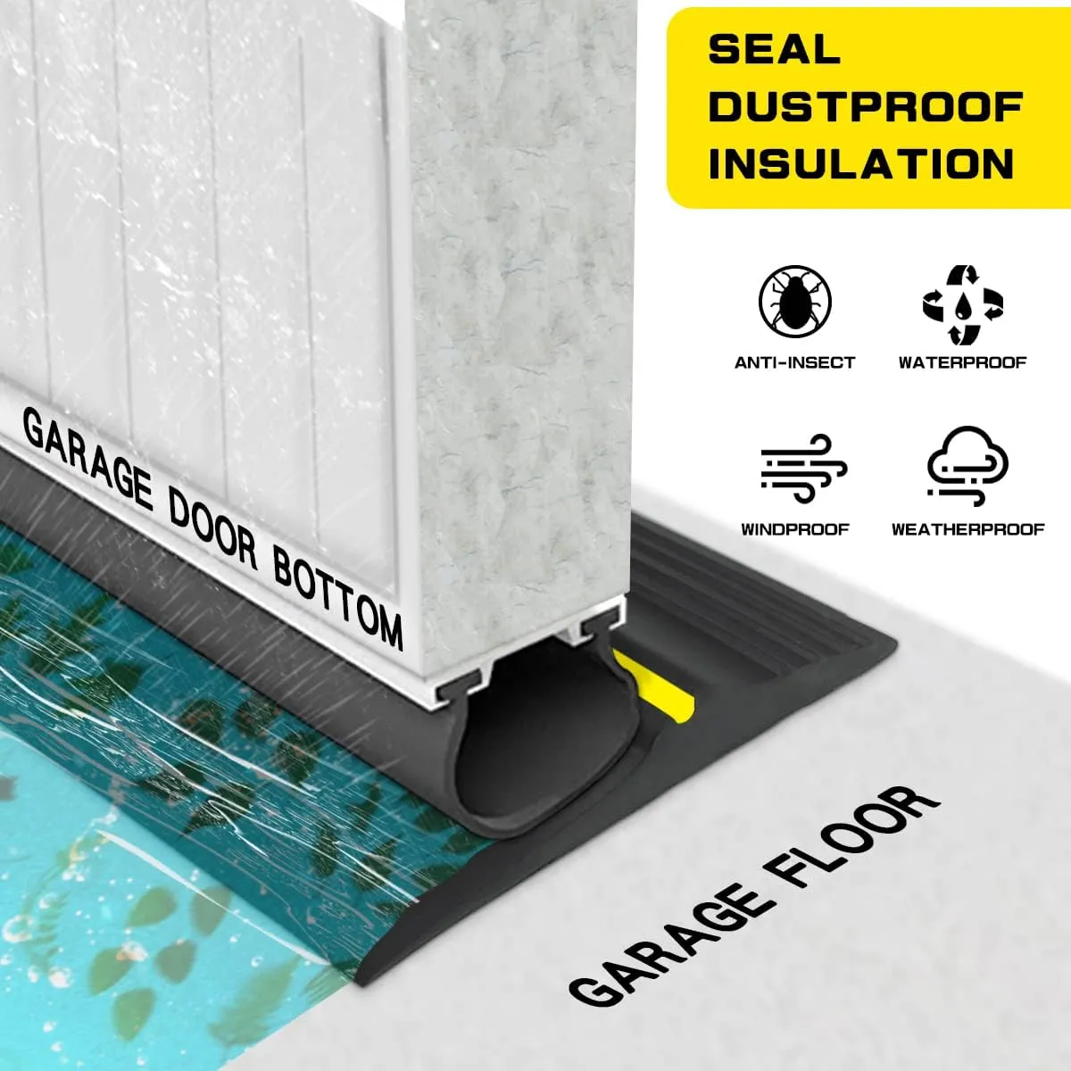 Universal Garage Door Bottom Threshold Seal Rubber Strip with Adhesives, DIY Weatherproof Weather Stripping Replacement (16FT, Black)