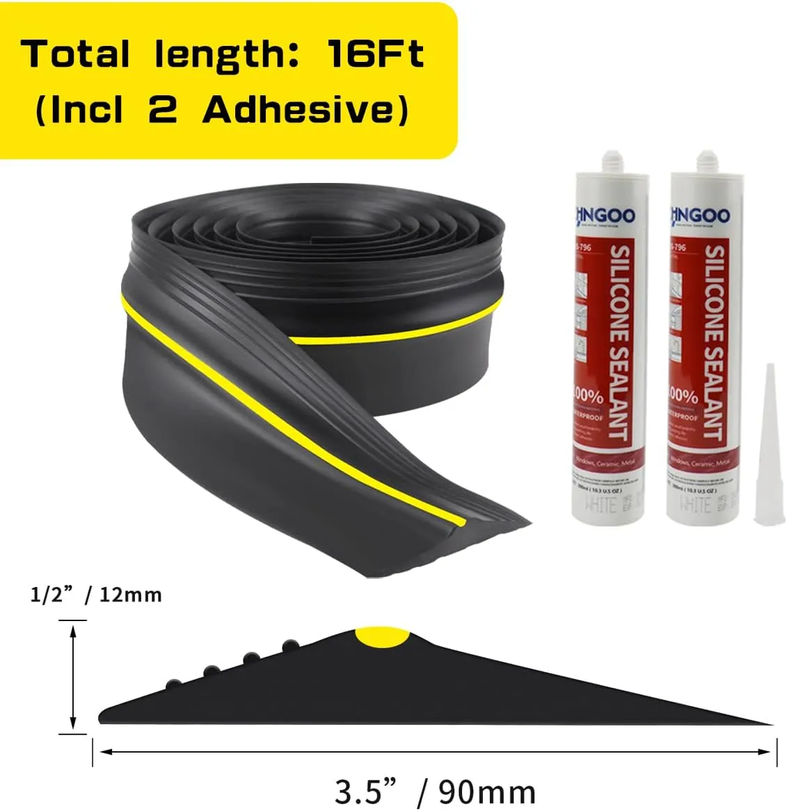 Universal Garage Door Bottom Threshold Seal Rubber Strip with Adhesives, DIY Weatherproof Weather Stripping Replacement (16FT, Black)