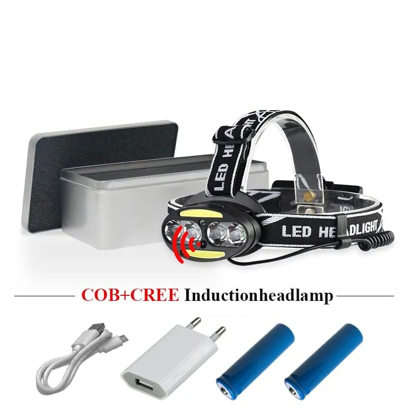 usb headlight dual light source XML t6 COB head light ir sensor headlamp 18650battery lamp headtorch camping waterproof linterna