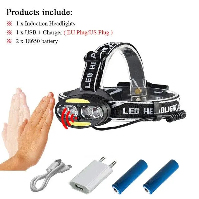 usb headlight dual light source XML t6 COB head light ir sensor headlamp 18650battery lamp headtorch camping waterproof linterna