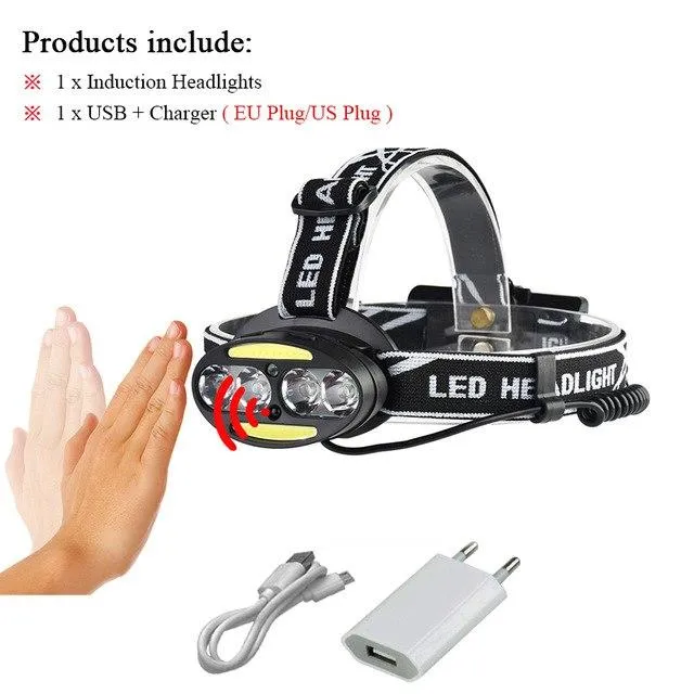 usb headlight dual light source XML t6 COB head light ir sensor headlamp 18650battery lamp headtorch camping waterproof linterna