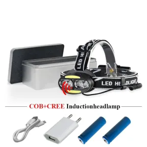 usb headlight dual light source XML t6 COB head light ir sensor headlamp 18650battery lamp headtorch camping waterproof linterna