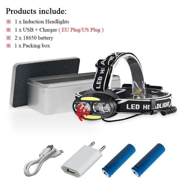 usb headlight dual light source XML t6 COB head light ir sensor headlamp 18650battery lamp headtorch camping waterproof linterna