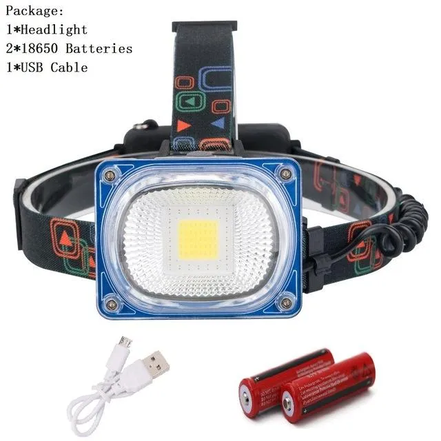 USB Rechargeable Headlight COB LED Headlamp 3 Modes Head Torch Flashlight For Camping Use 2*18650 Batteries