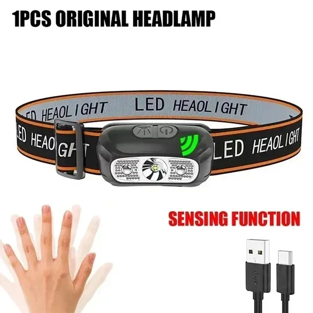 USB Rechargeable LED Sensor Headlamp, 1200mAh Battery, Waterproof Outdoor Camping & Fishing Headlight