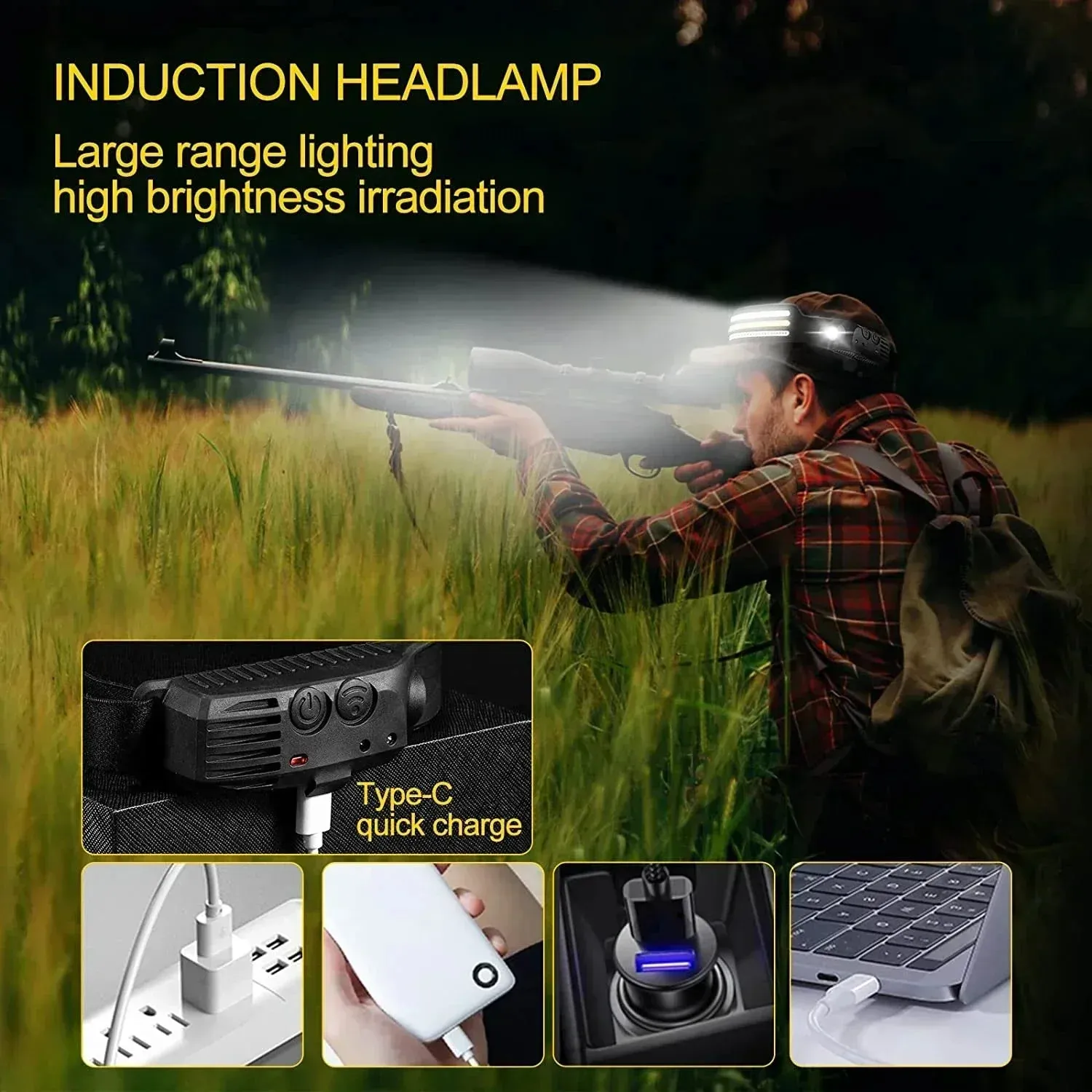 USB Rechargeable LED Sensor Headlamp, 1200mAh Battery, Waterproof Outdoor Camping & Fishing Headlight
