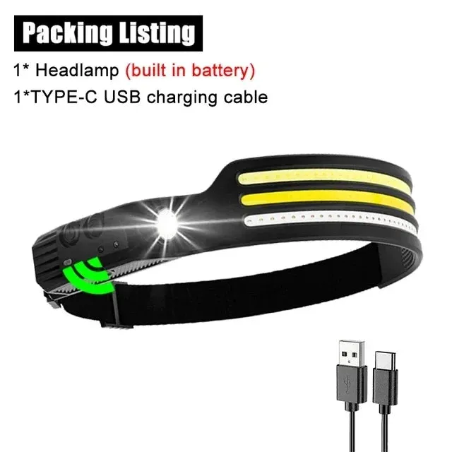 USB Rechargeable LED Sensor Headlamp, 1200mAh Battery, Waterproof Outdoor Camping & Fishing Headlight