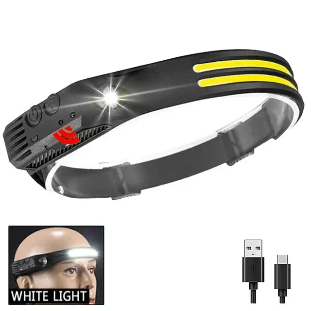 USB Rechargeable LED Sensor Headlamp, 1200mAh Battery, Waterproof Outdoor Camping & Fishing Headlight